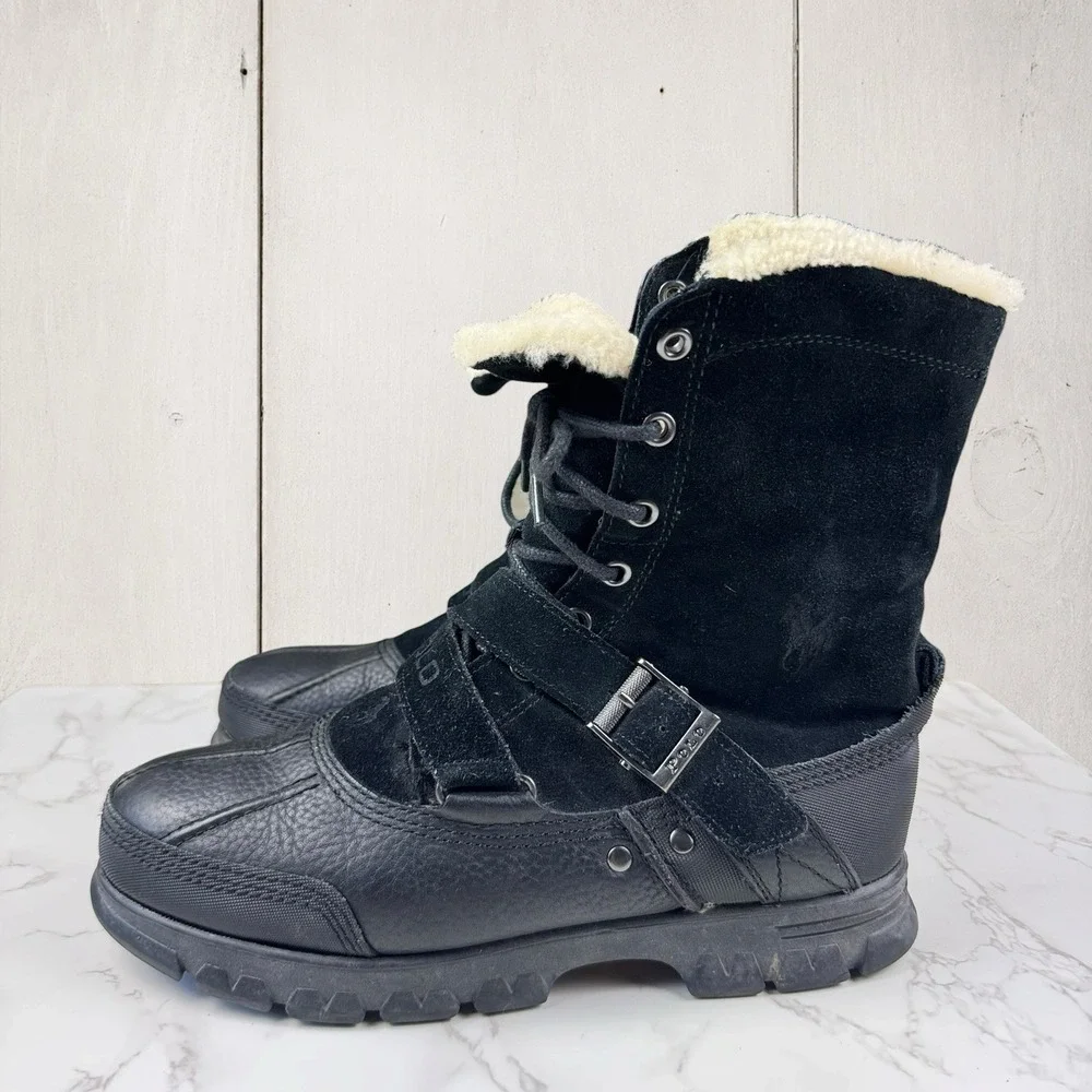 Polo Ralph Lauren Tavin Rollover Shearling Boots 11 D Black Suede Leather Pony